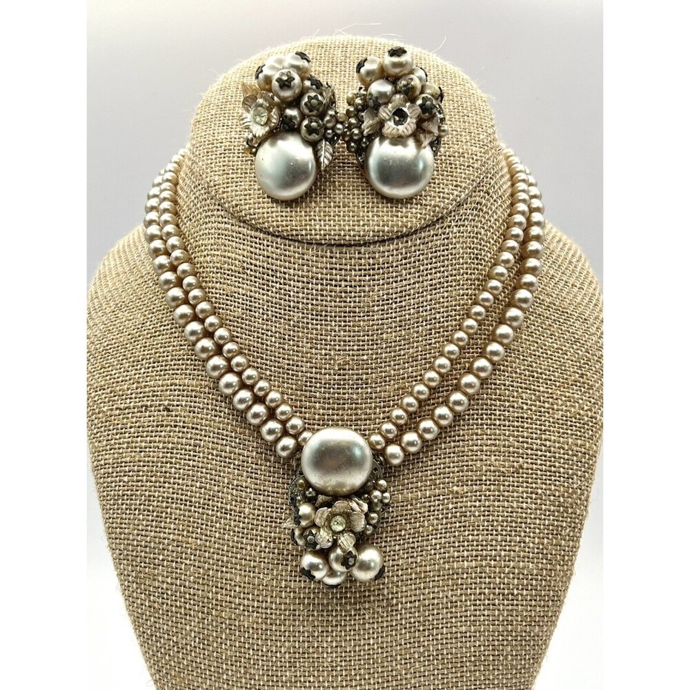 Vintage Haskell Era Faux Double Pearl Strand & Rhinestone Necklace Earrings Set